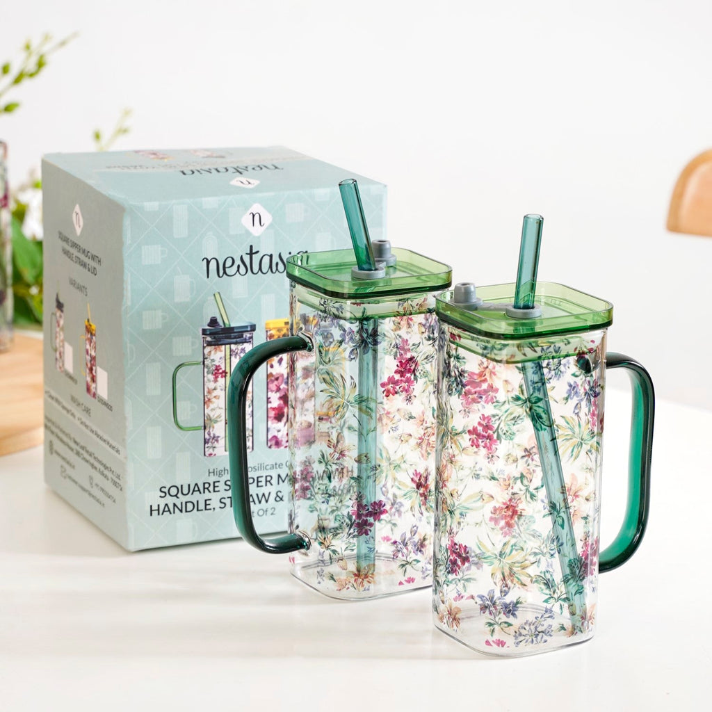 Set Of 2 Springtime Leakproof Borosilicate Glass Travel Sipper Cup With Straw 365ml Nestasia