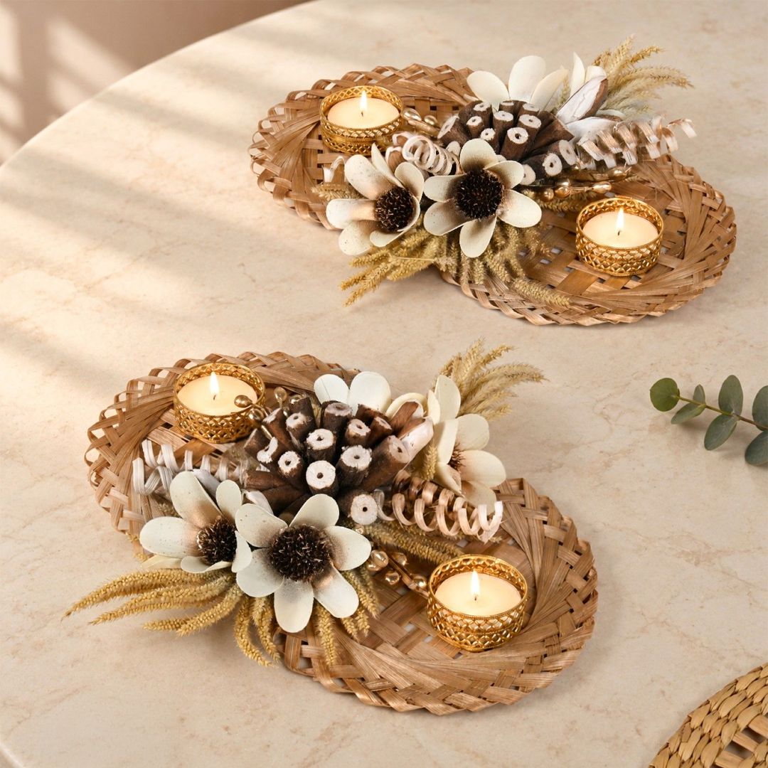 Glimmer Handcrafted Bamboo Tealight Holder Set Of 2 Nestasia