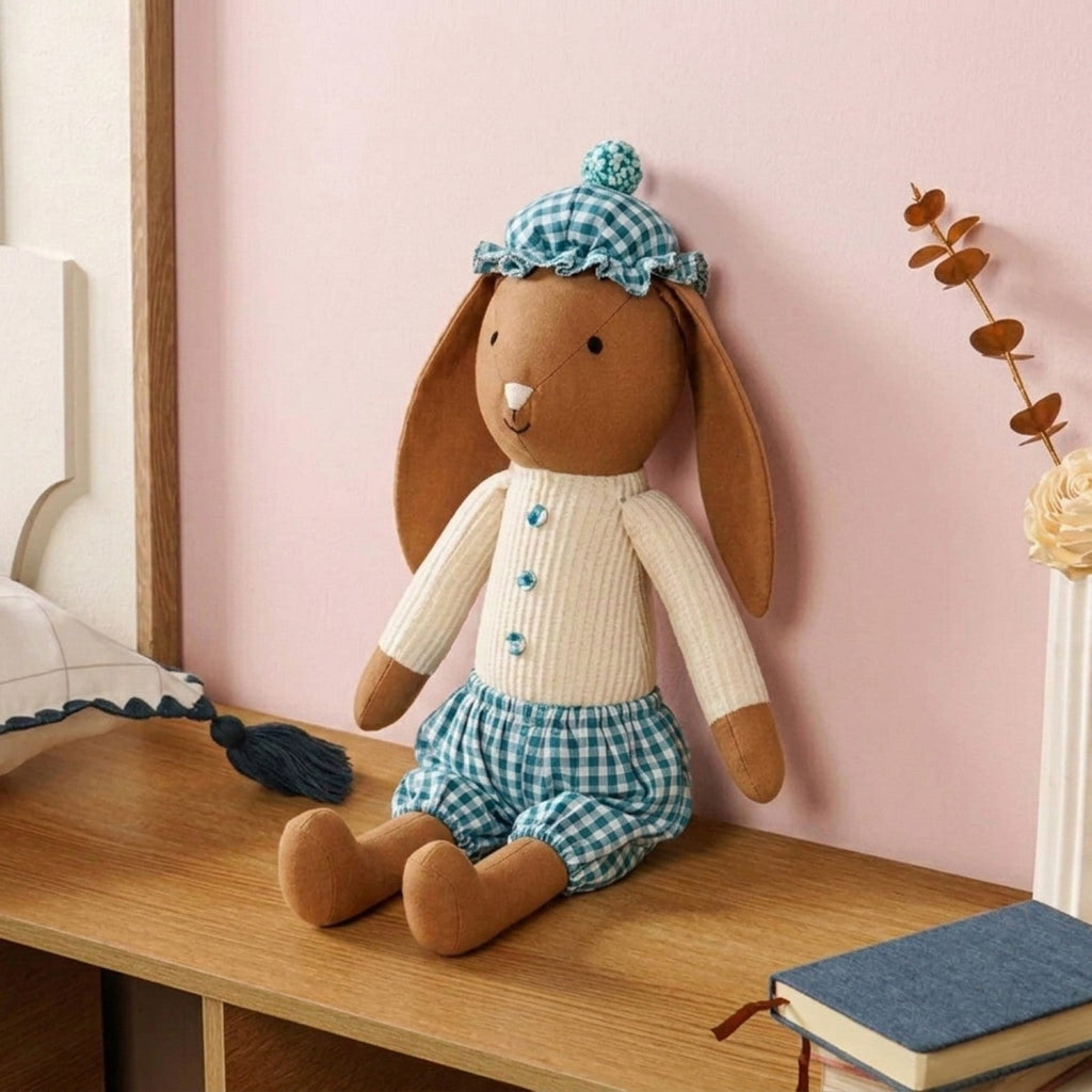 Mr Goat Plushy Toy In Teal Gingham Outfit Nestasia