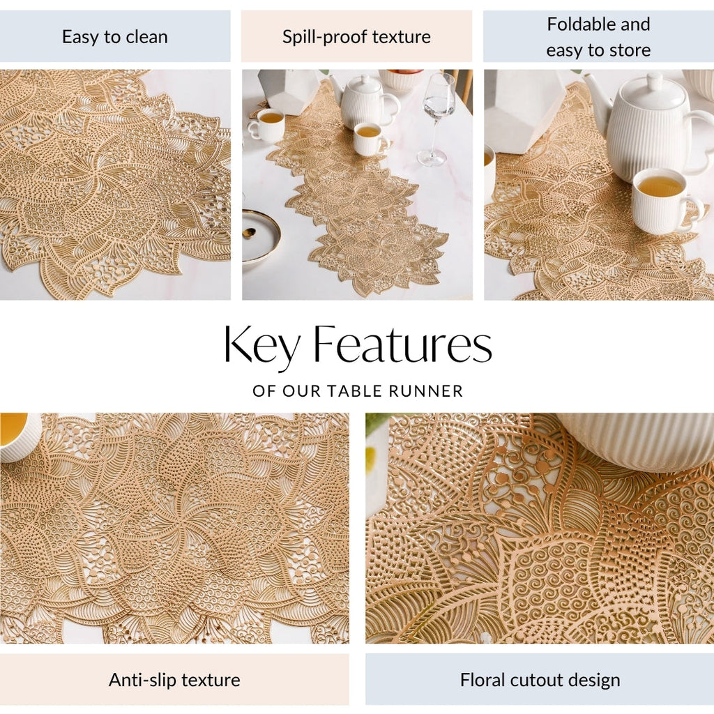 Floral Cutwork Table Runner Gold 90x35cm Nestasia