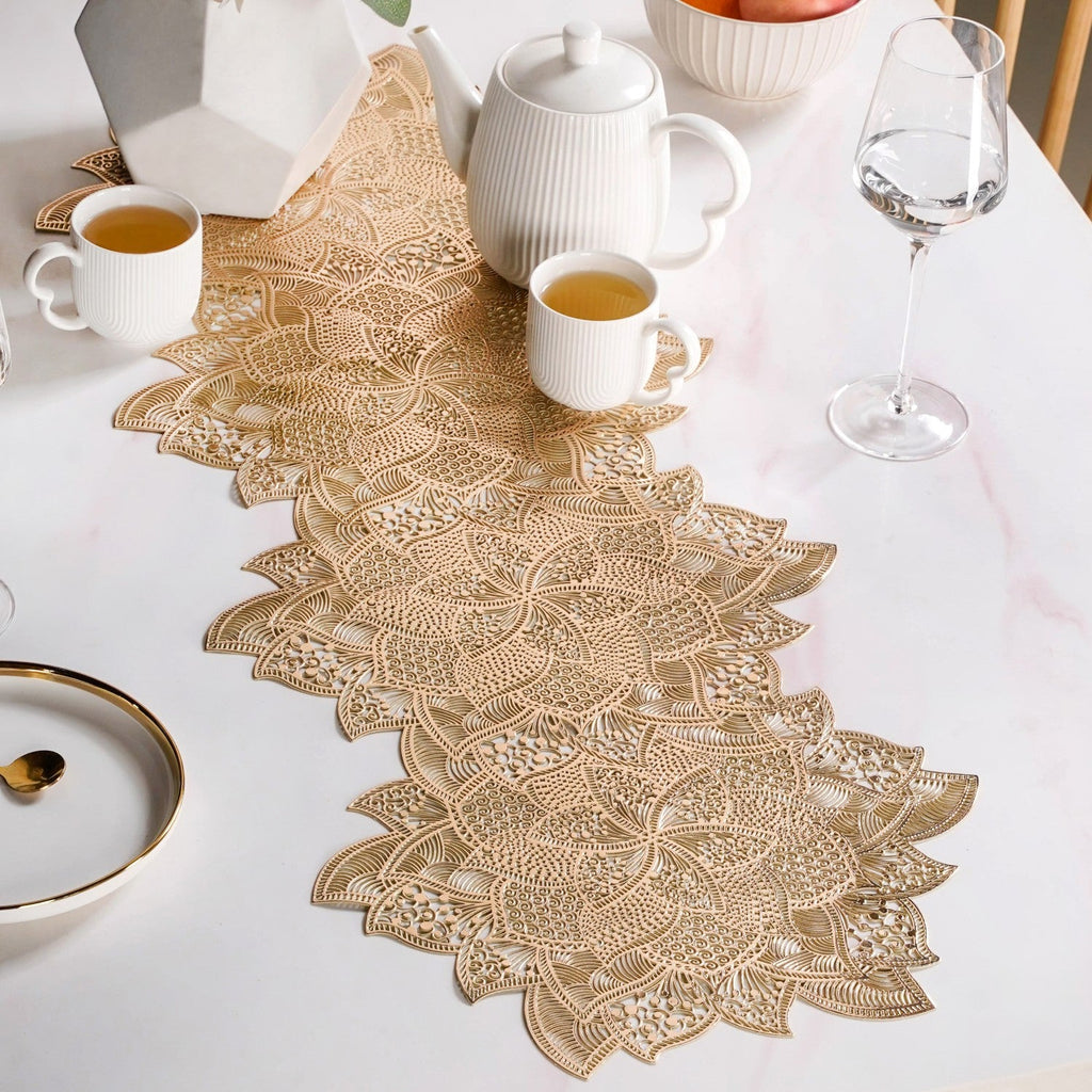 Floral Cutwork Table Runner Gold 90x35cm Nestasia
