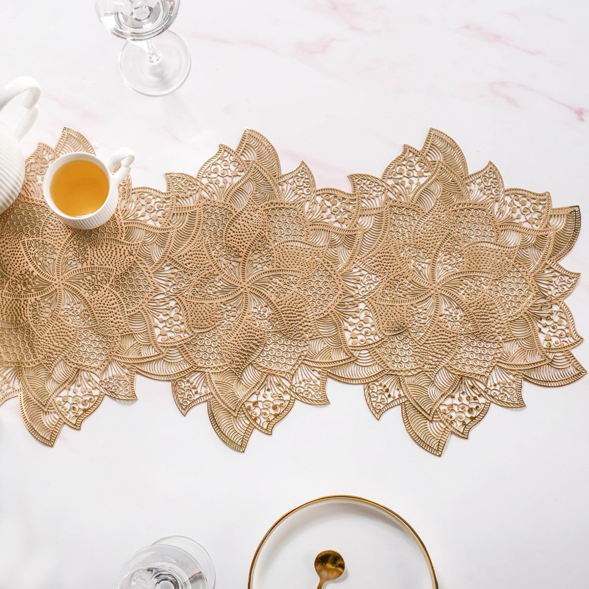 Floral Cutwork Table Runner Gold 90x35cm Nestasia