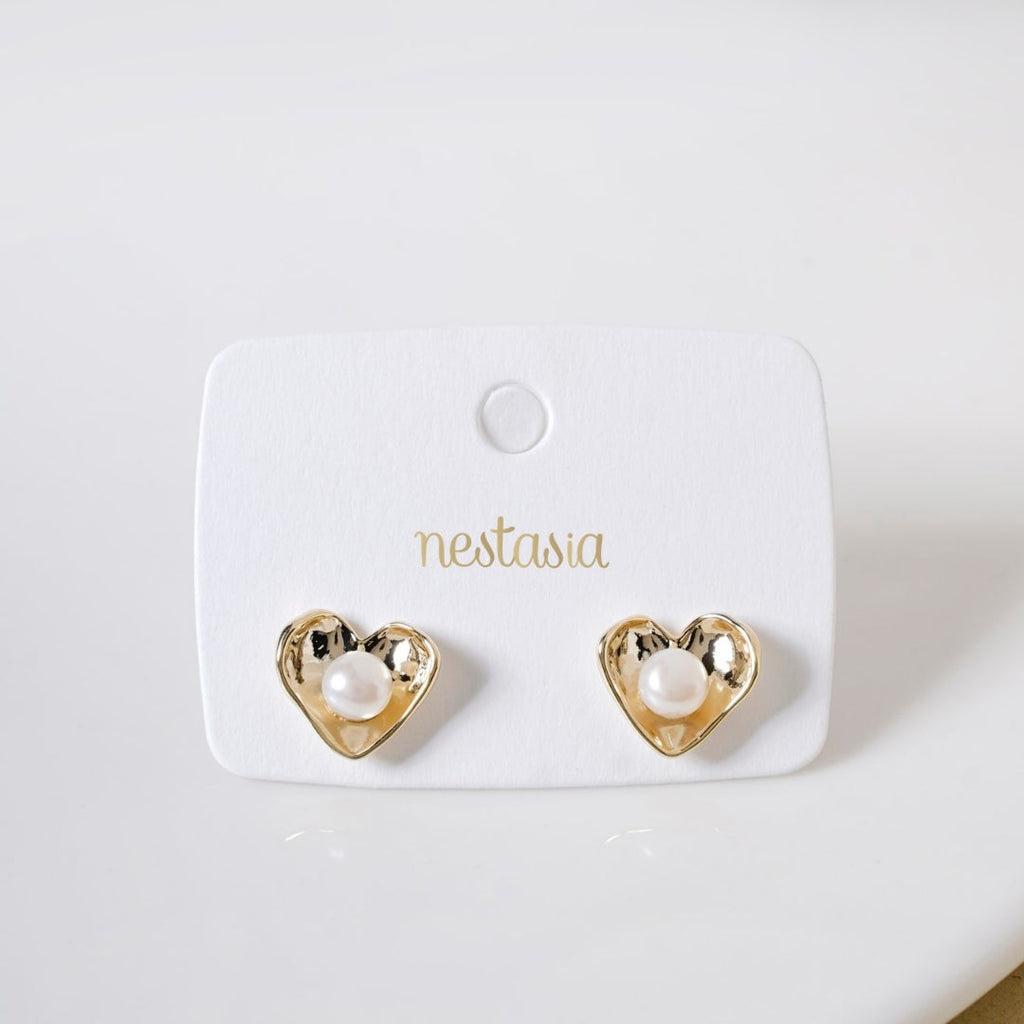 Gold Heart With Pearls Stud Earrings Nestasia