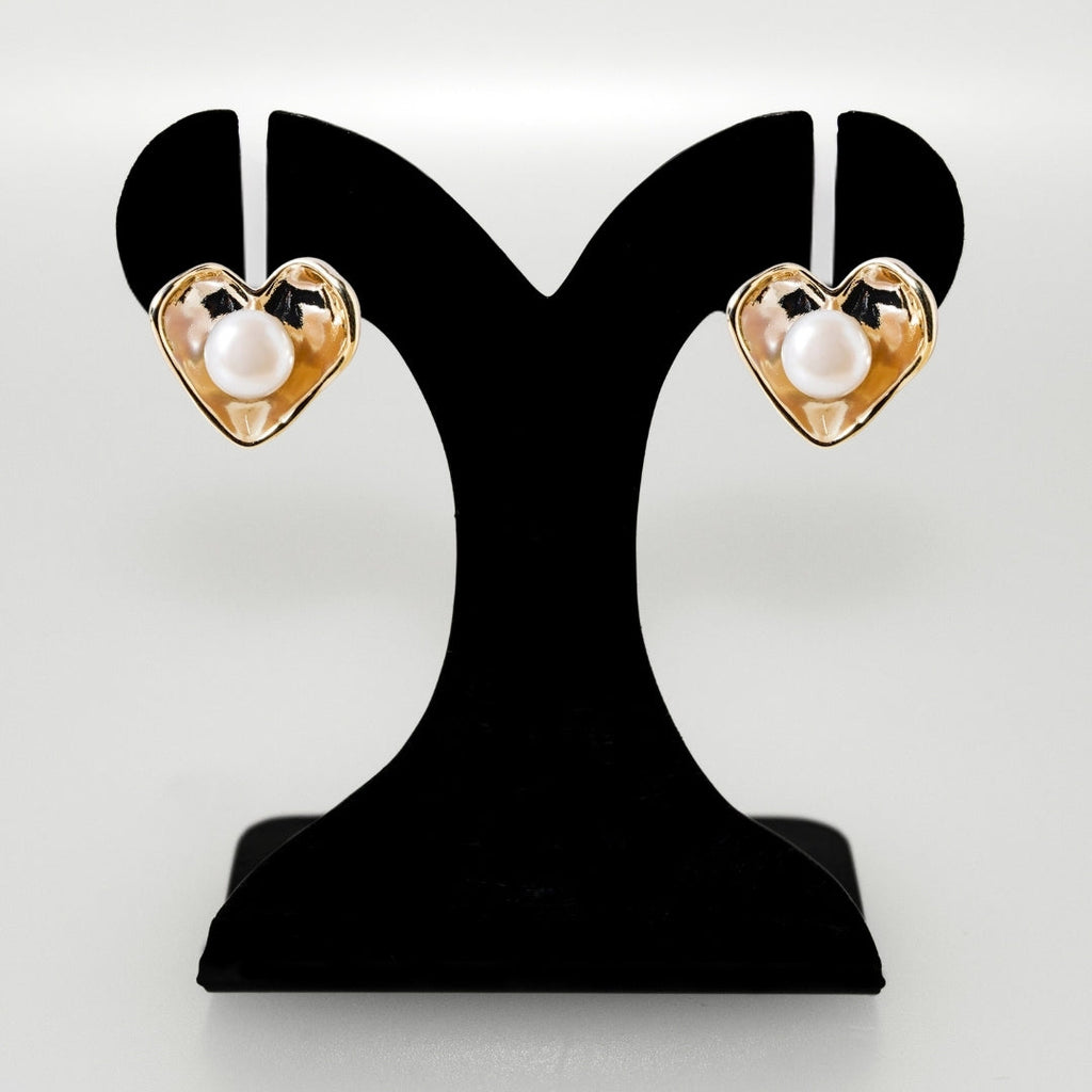 Gold Heart With Pearls Stud Earrings Nestasia