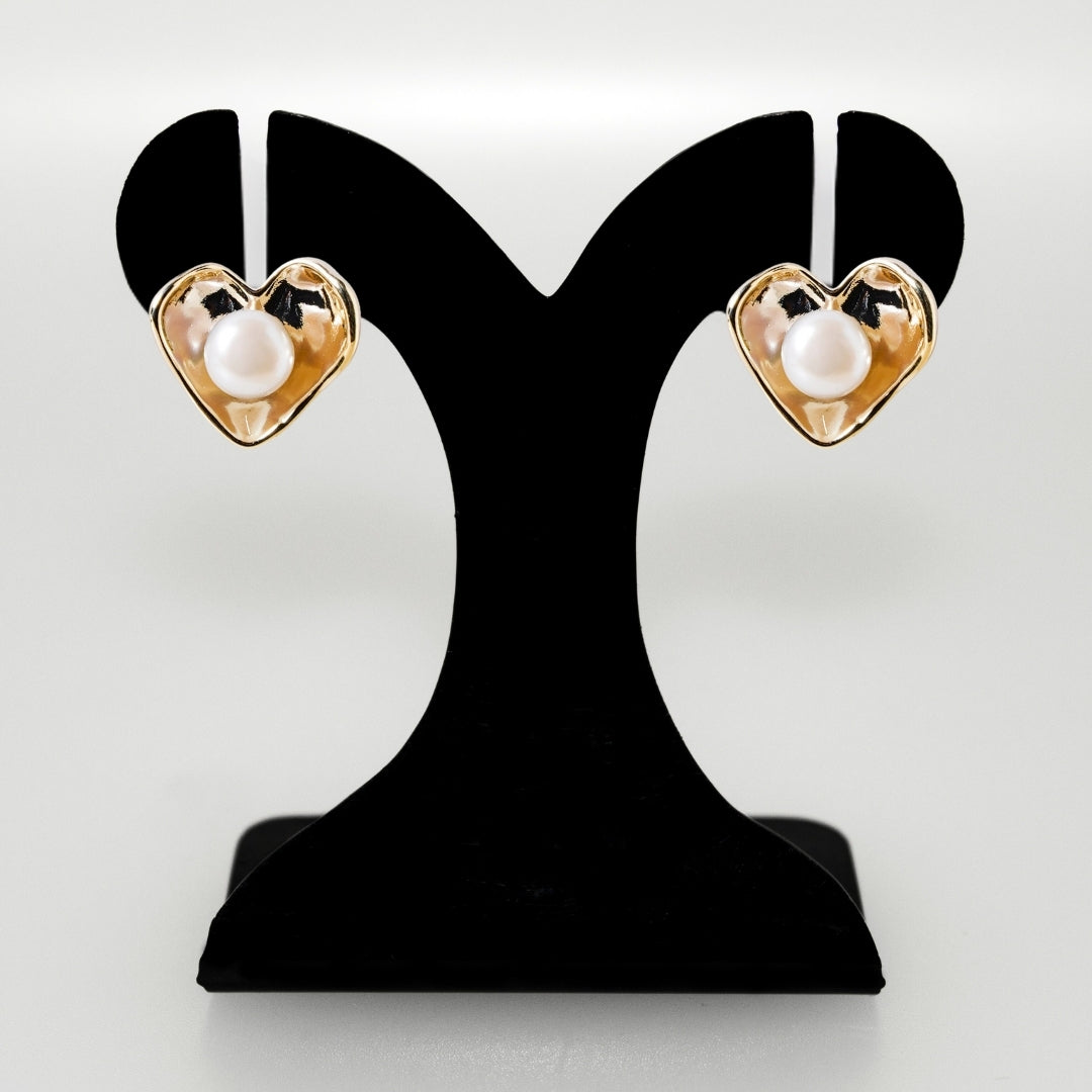 Gold Heart With Pearls Stud Earrings Nestasia
