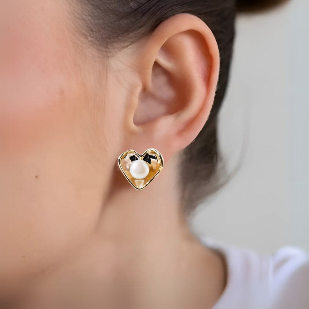 Gold Heart With Pearls Stud Earrings Nestasia