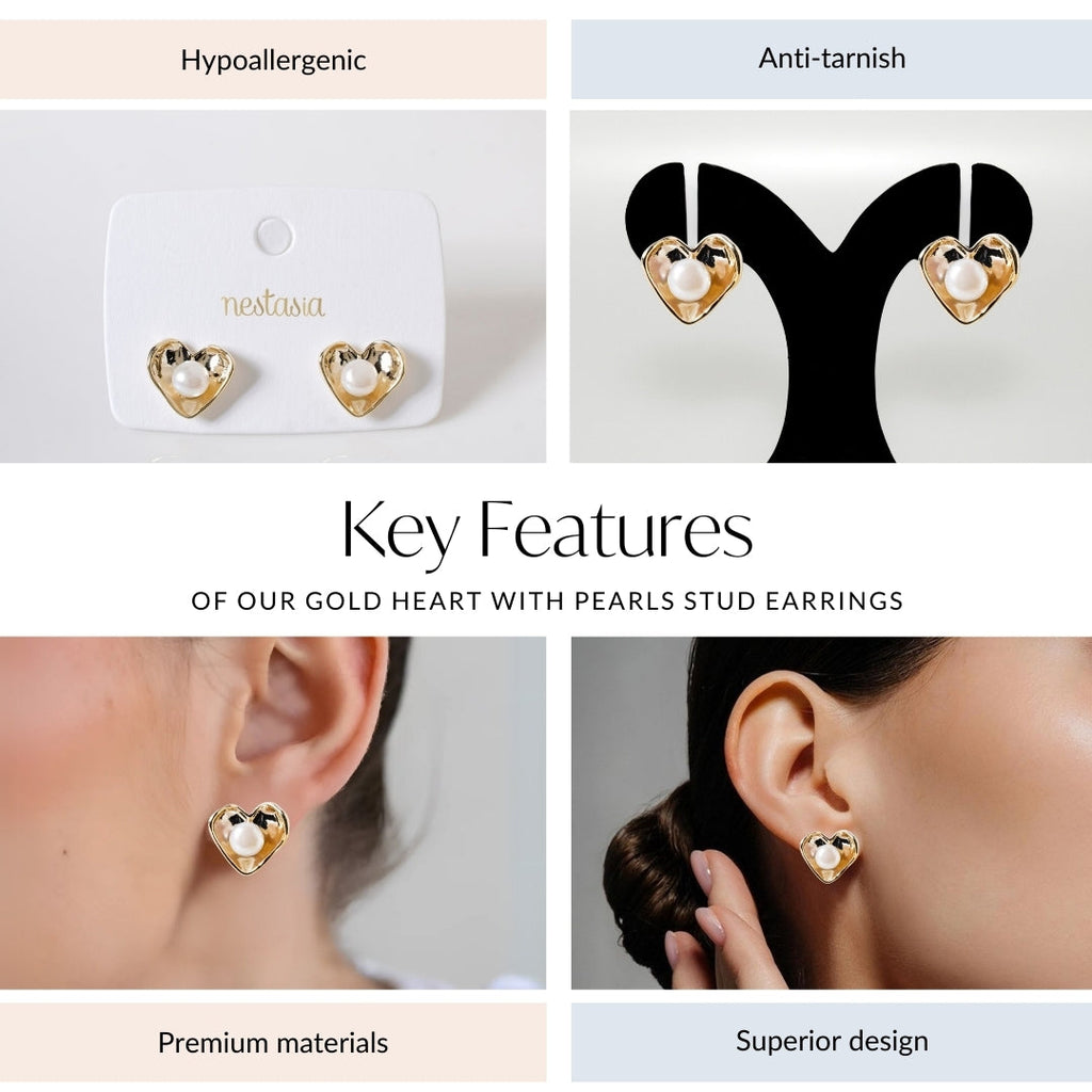 Gold Heart With Pearls Stud Earrings Nestasia