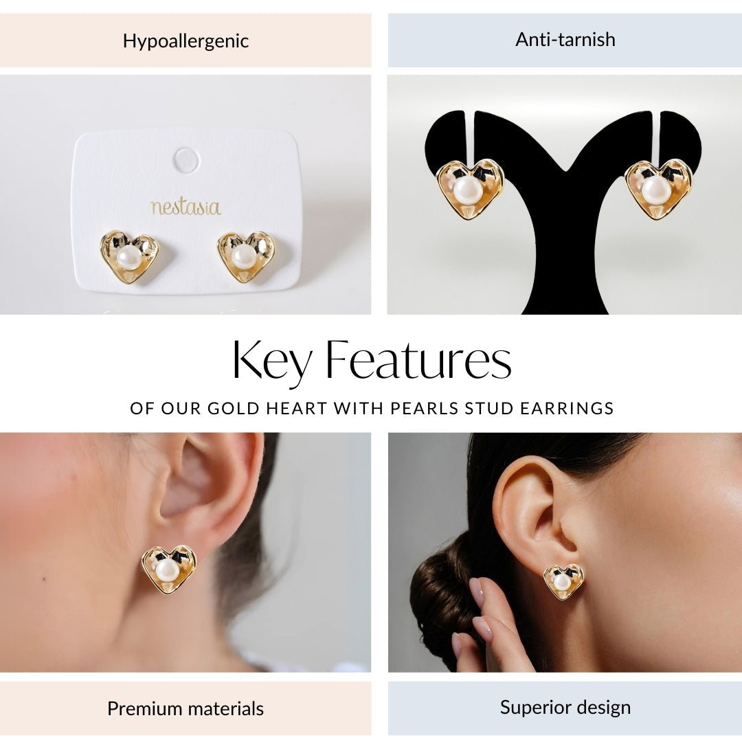 Gold Heart With Pearls Stud Earrings Nestasia