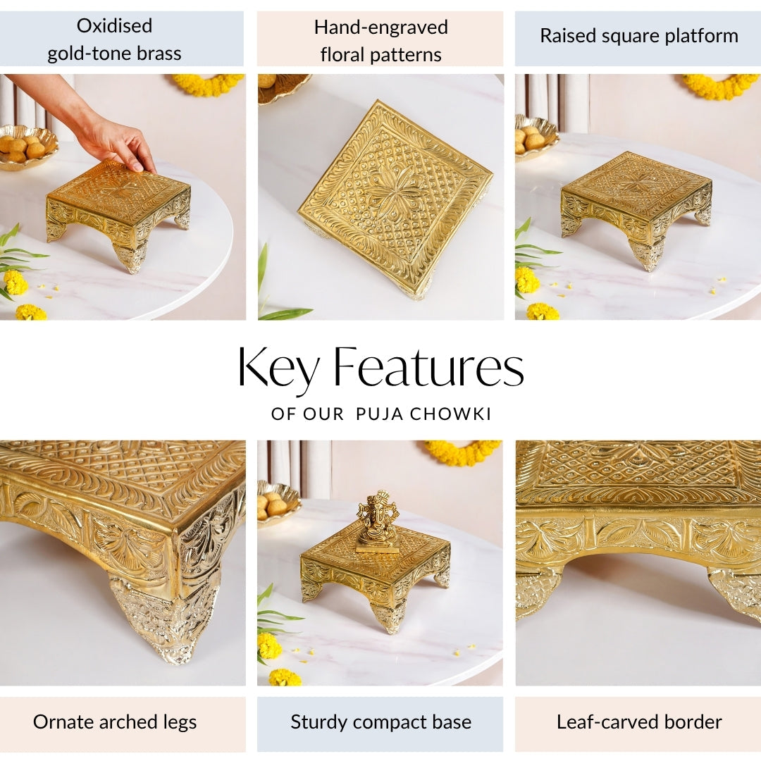 Gold Puja Chowki Small 16x16cm Nestasia