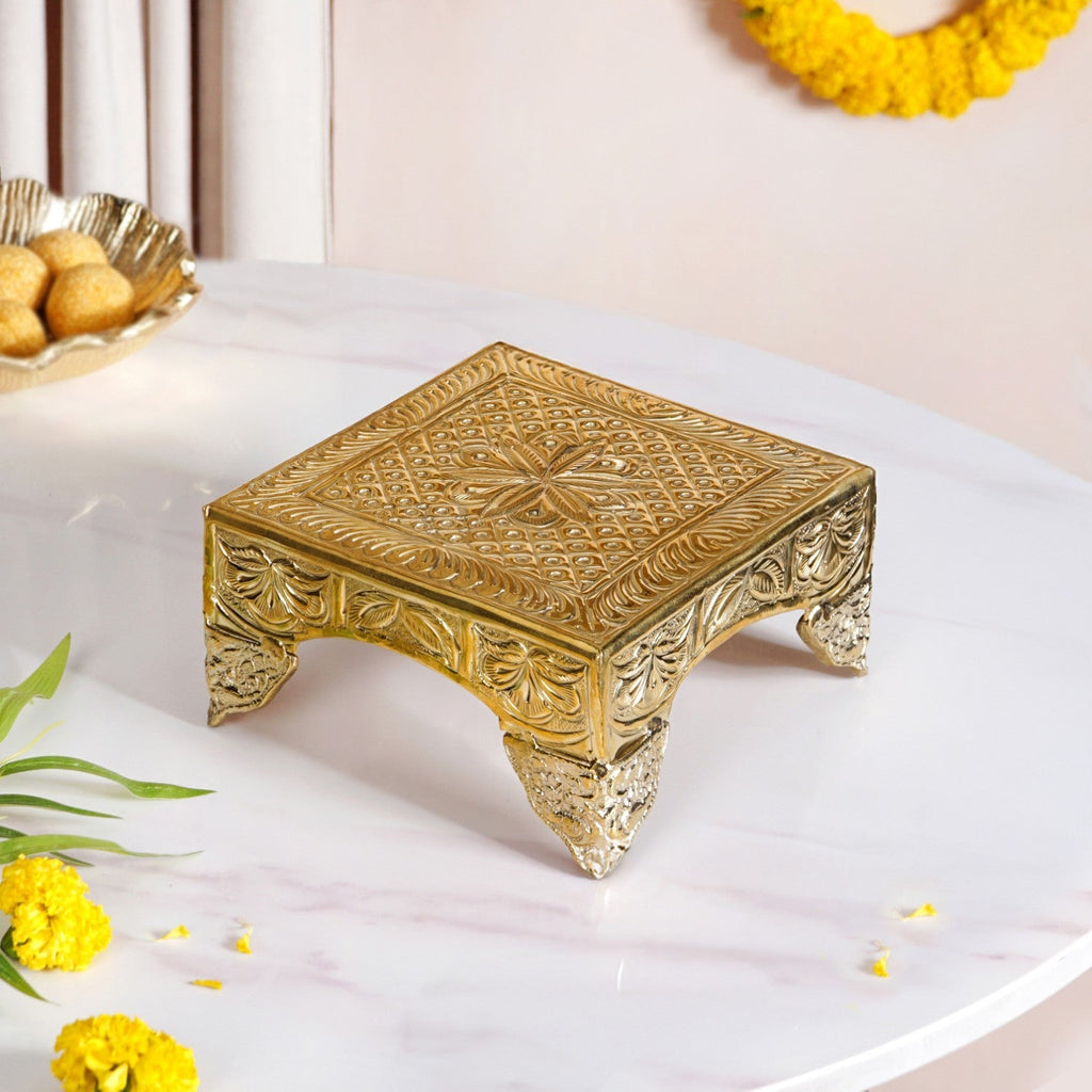 Gold Puja Chowki Small 16x16cm Nestasia
