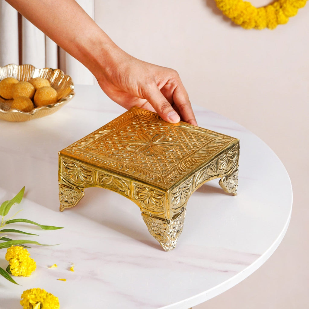 Gold Puja Chowki Small 16x16cm Nestasia