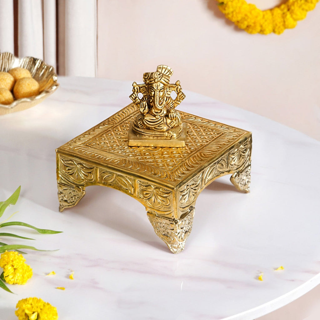Gold Puja Chowki Small 16x16cm Nestasia