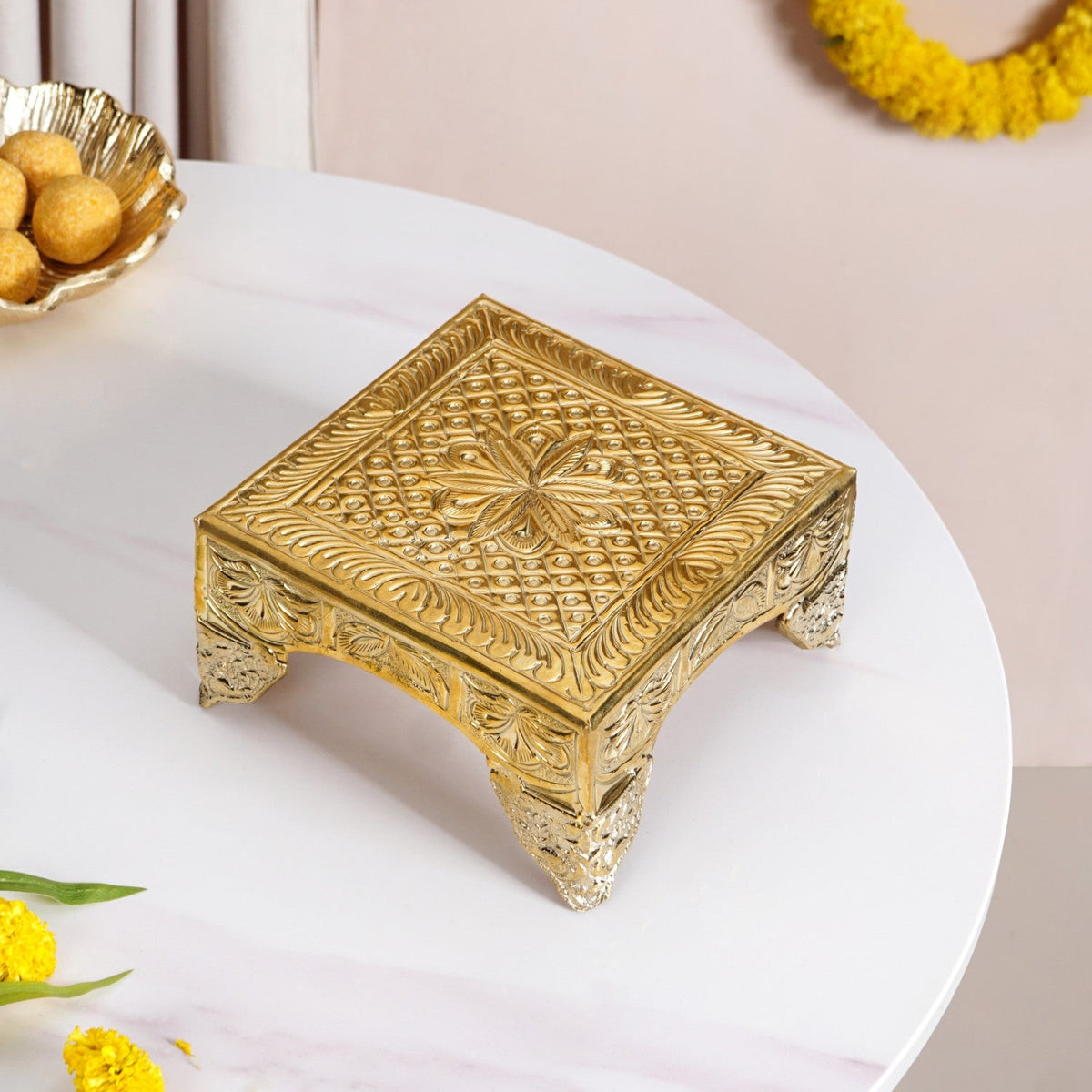 Gold Puja Chowki Small 16x16cm Nestasia