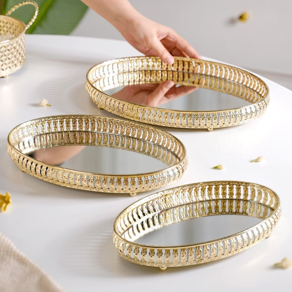 Set Of 3 Oval Metal Tray Gold Nestasia
