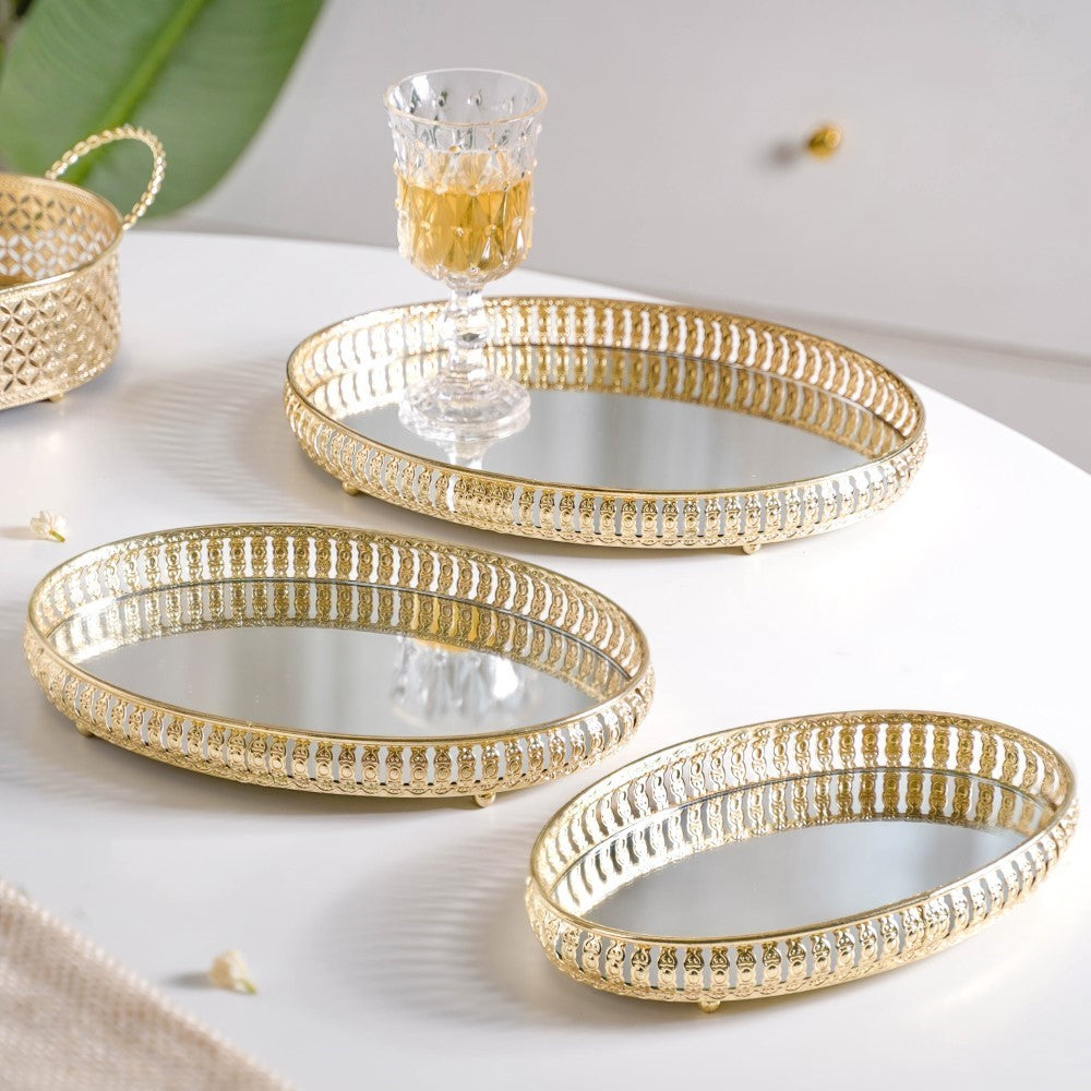 Set Of 3 Oval Metal Tray Gold Nestasia