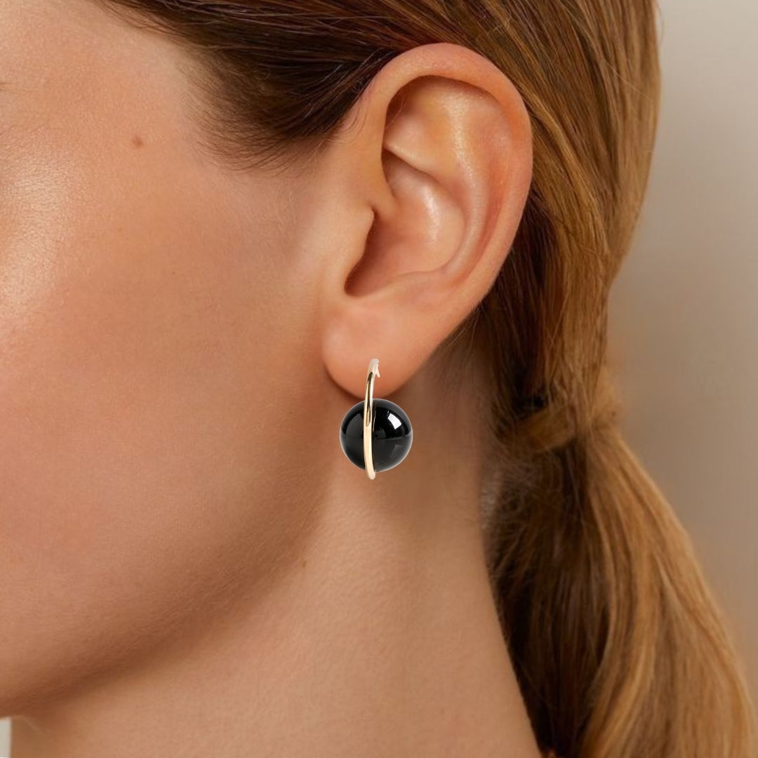 Gold And Black Semi Hoop Earrings With Beads Nestasia