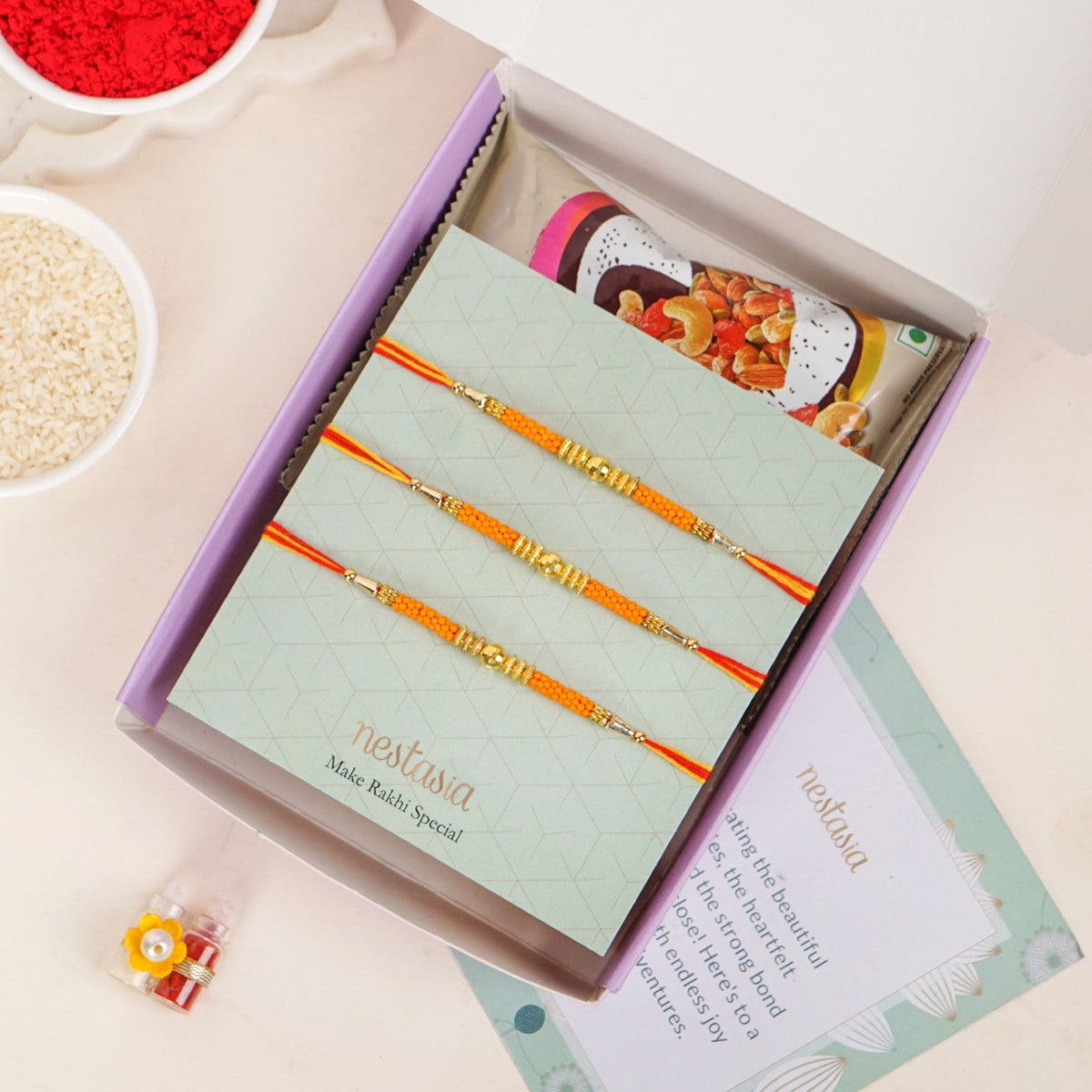 Golden Beads Orange Rakhi Gift Set Nestasia