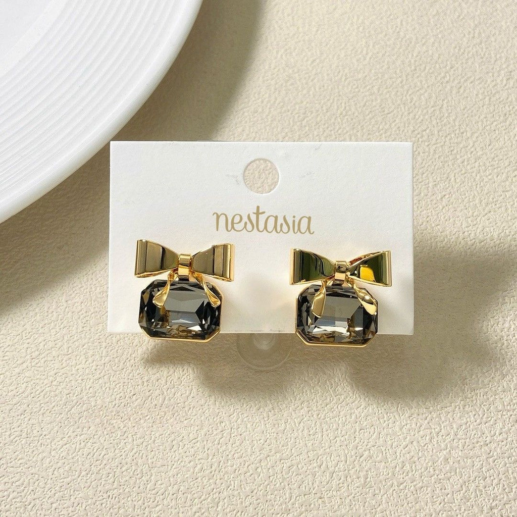 Golden Bow Jeweled Studs Nestasia