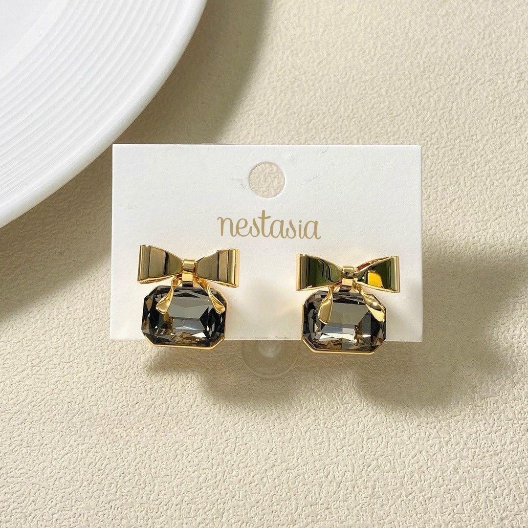 Golden Bow Jeweled Studs Nestasia