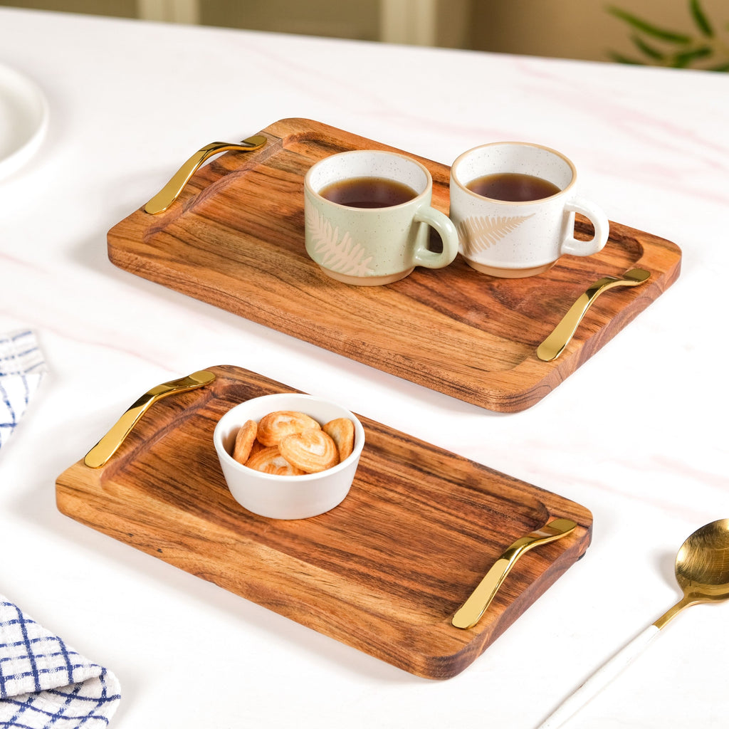 Rectangle Wooden Serving Tray With Gold Handles Set Of 2 Nestasia