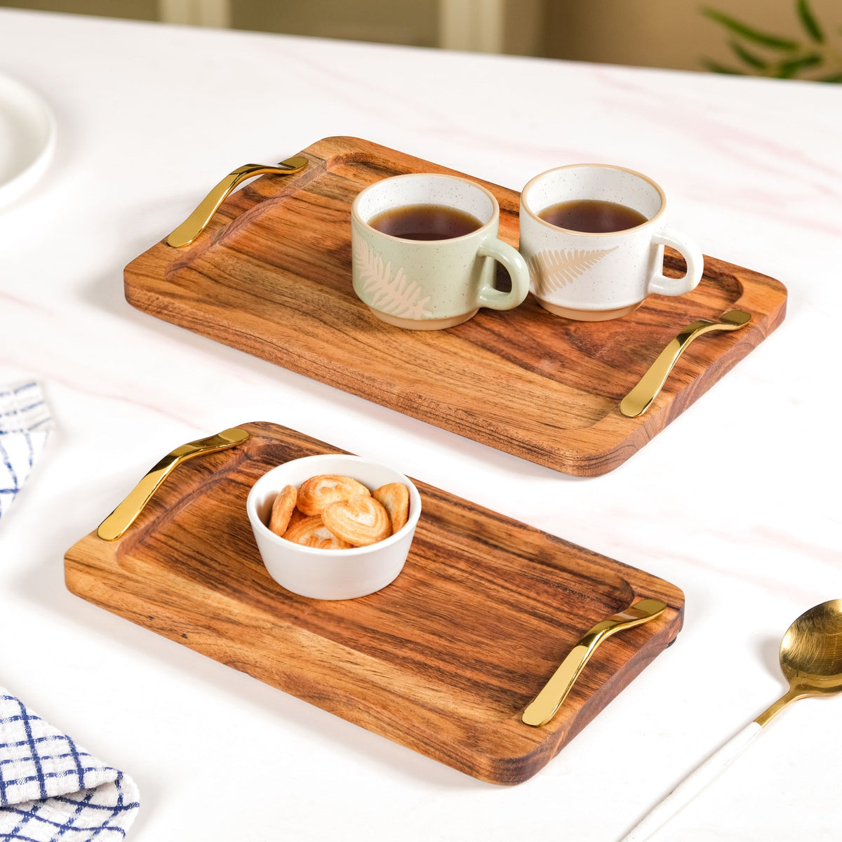 Rectangle Wooden Serving Tray With Gold Handles Set Of 2 Nestasia