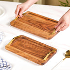 Rectangle Wooden Serving Tray With Gold Handles Set Of 2 Nestasia