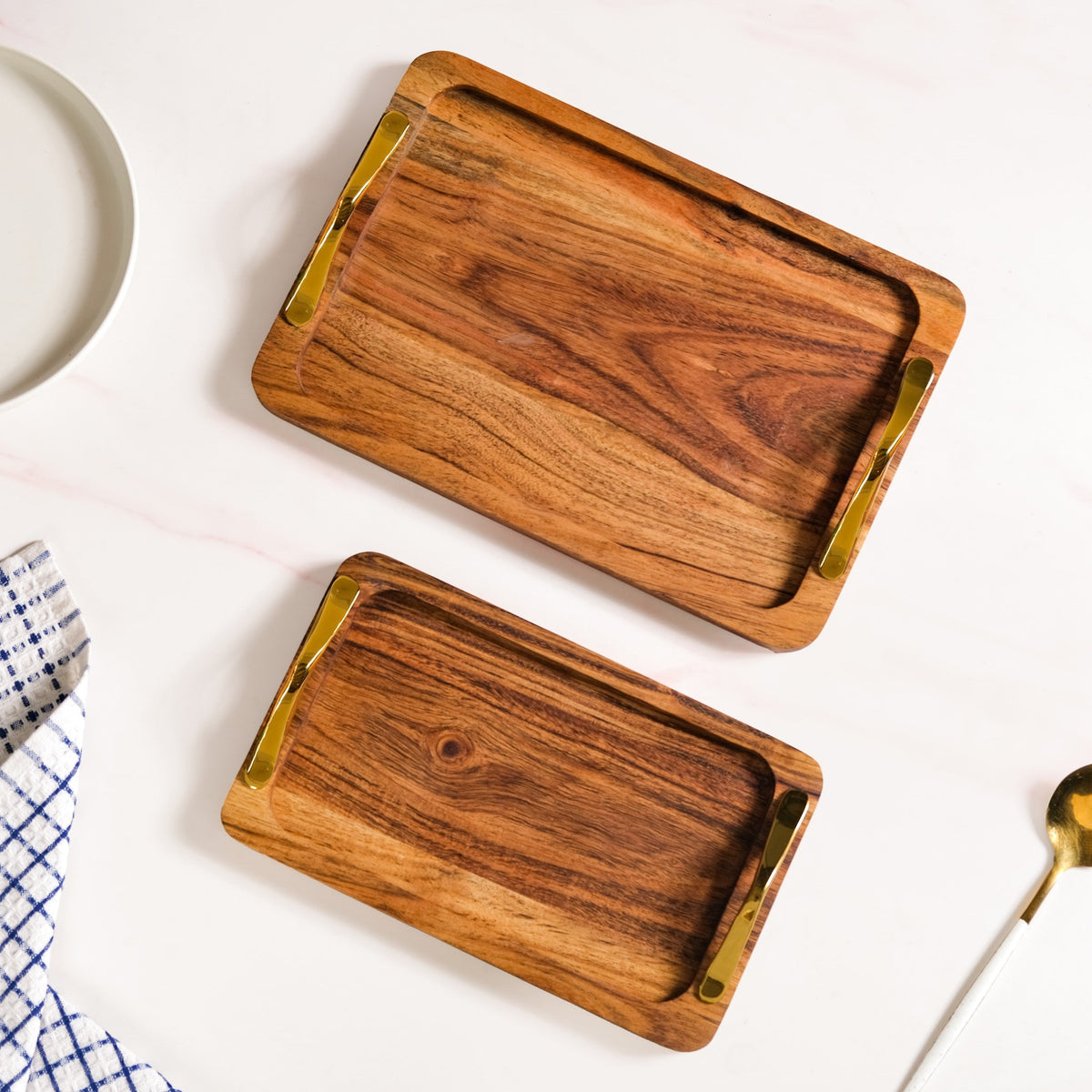 Rectangle Wooden Serving Tray With Gold Handles Set Of 2 Nestasia