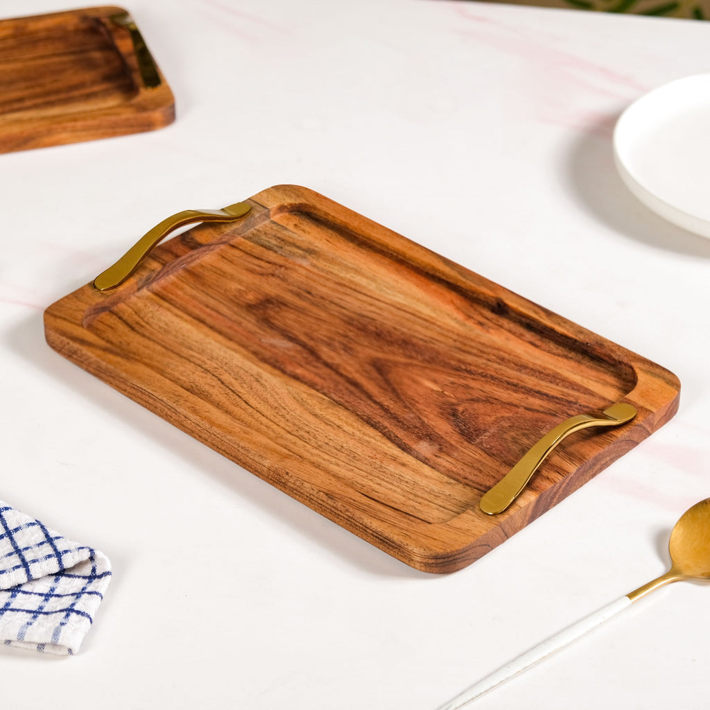 Rectangle Wooden Serving Tray With Gold Handles Set Of 2 Nestasia