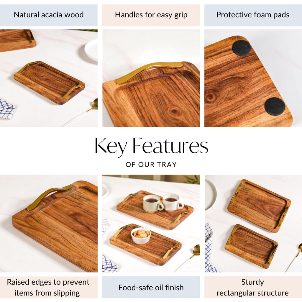 Rectangle Wooden Serving Tray With Gold Handles Set Of 2 Nestasia