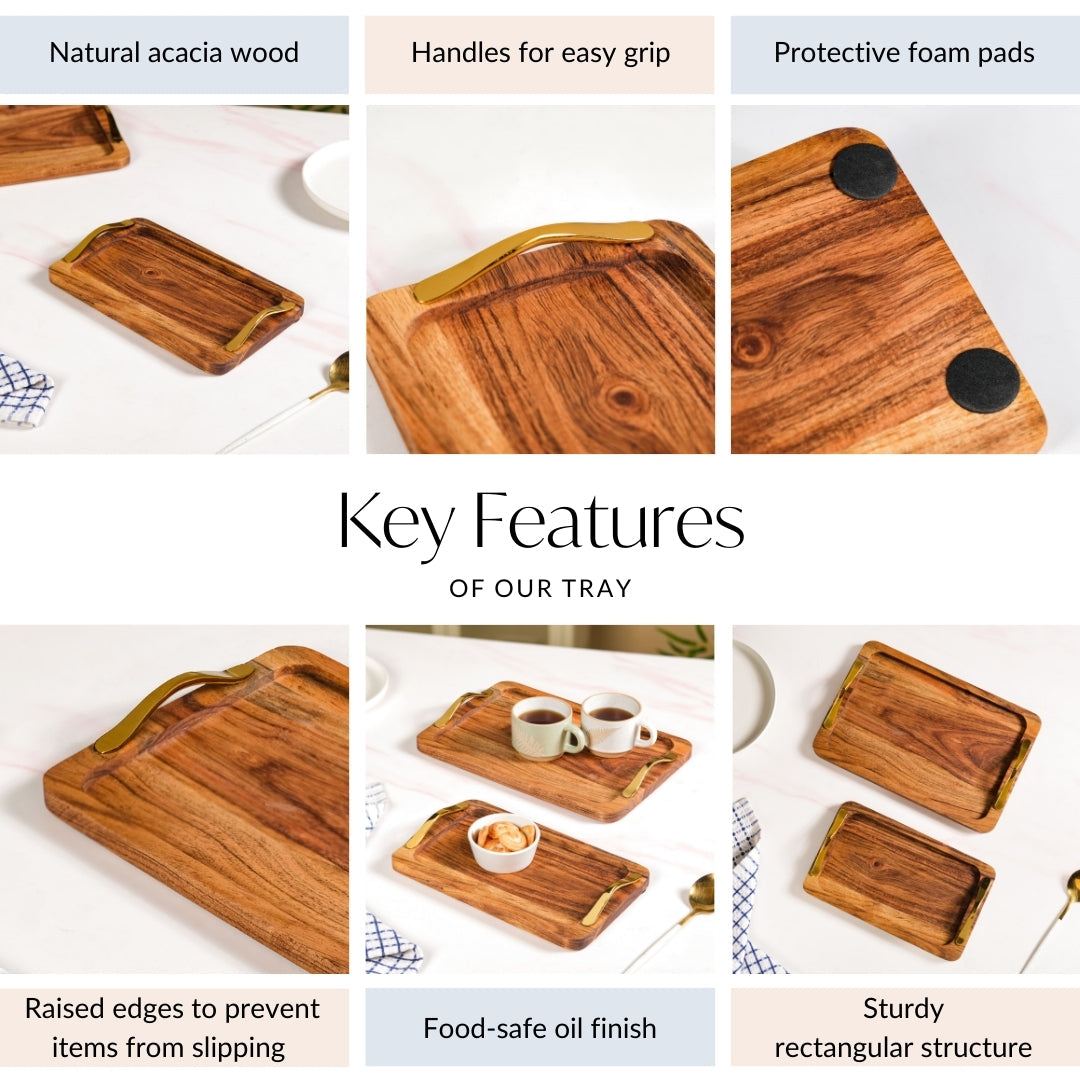 Rectangle Wooden Serving Tray With Gold Handles Set Of 2 Nestasia