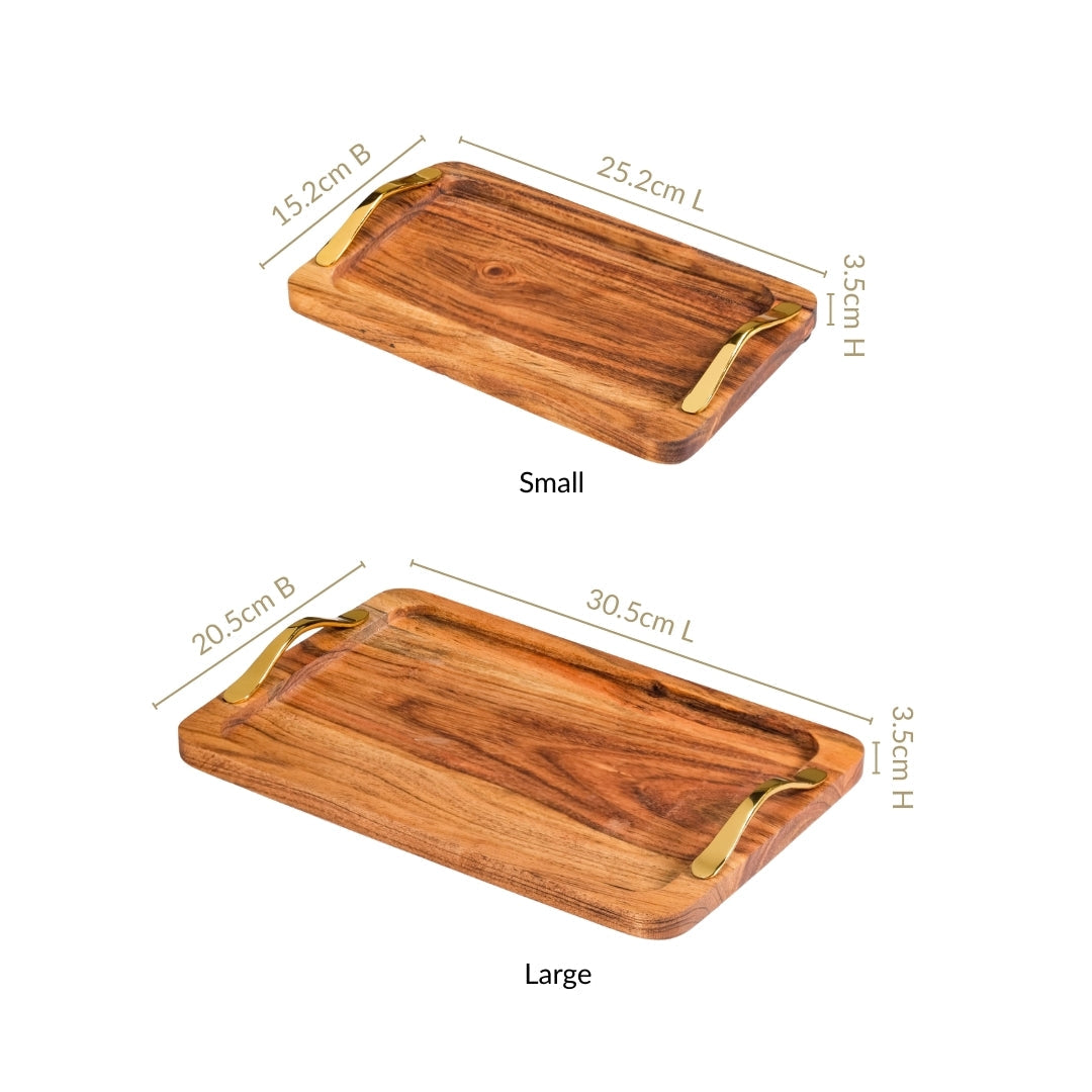 Rectangle Wooden Serving Tray With Gold Handles Set Of 2 Nestasia