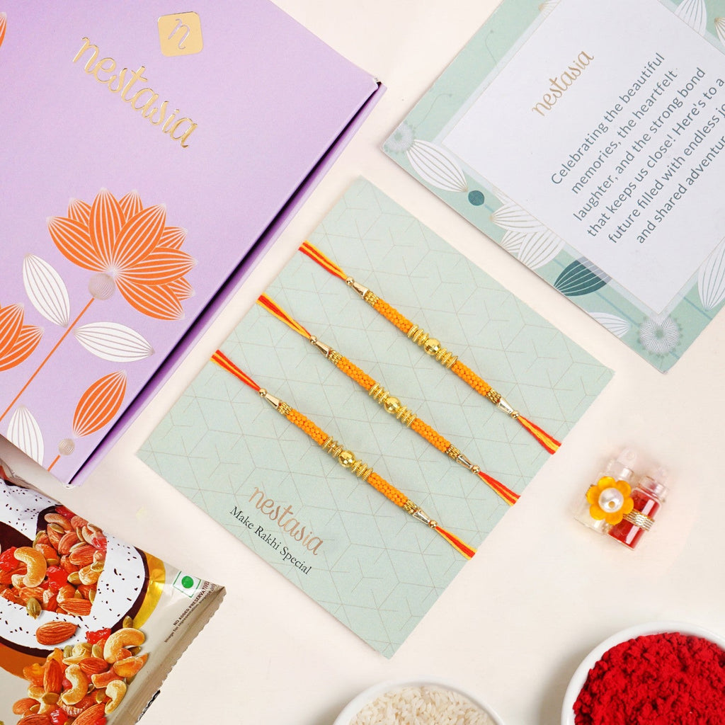 Golden Beads Orange Rakhi Gift Set Nestasia
