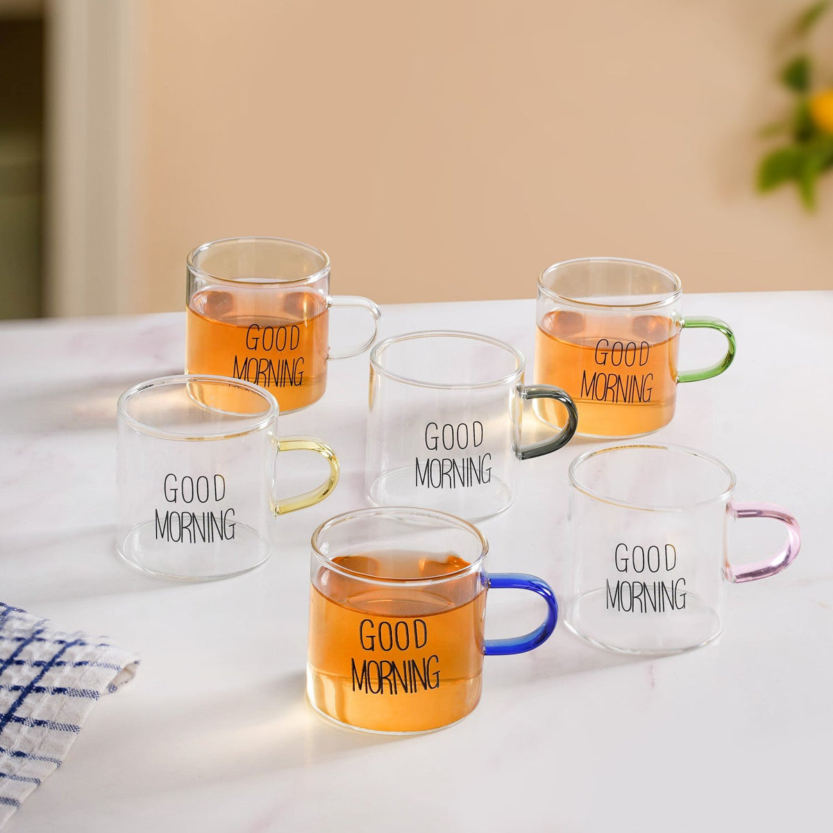 Good Morning Assorted Multicolour Handle Tea Cups Set Of 6 130ml Nestasia