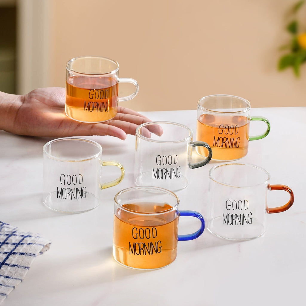 Good Morning Assorted Multicolour Handle Tea Cups Set Of 6 130ml Nestasia