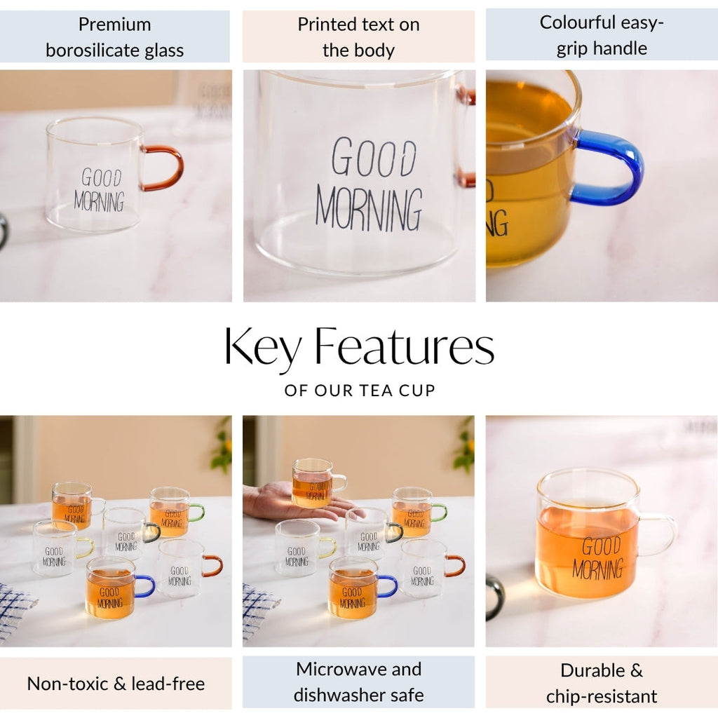 Good Morning Assorted Multicolour Handle Tea Cups Set Of 6 130ml Nestasia