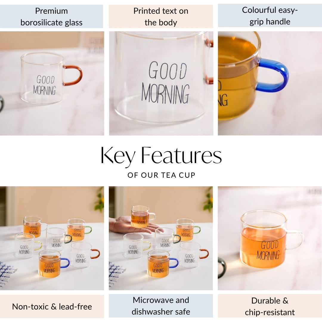 Good Morning Assorted Multicolour Handle Tea Cups Set Of 6 130ml Nestasia