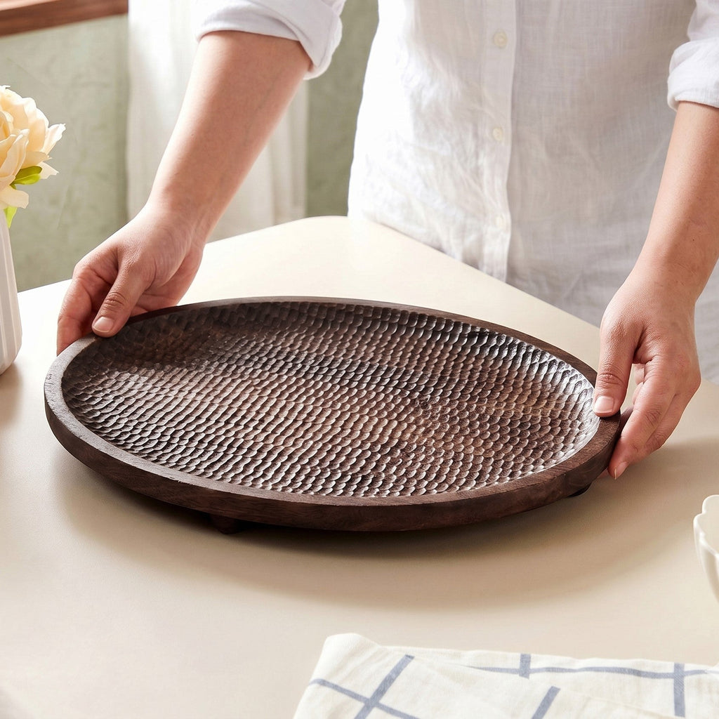Mango Wood Carved Nero Platter Oval 25x14cm Nestasia