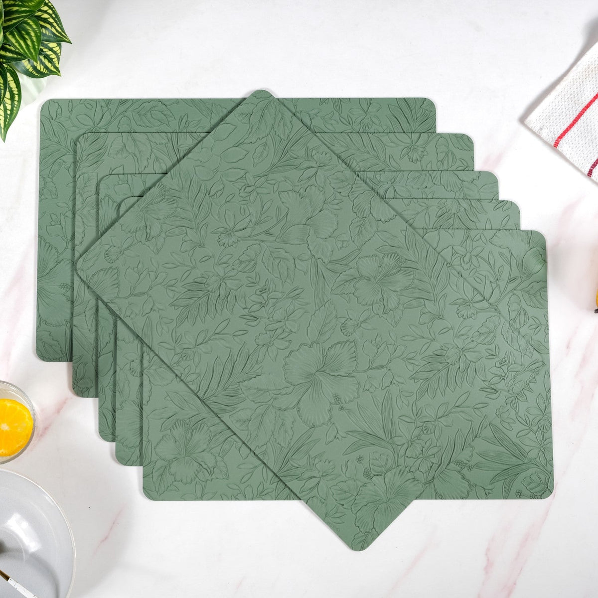 Green Embossed Hibiscus Rectangular Placemats Set Of 6 Nestasia