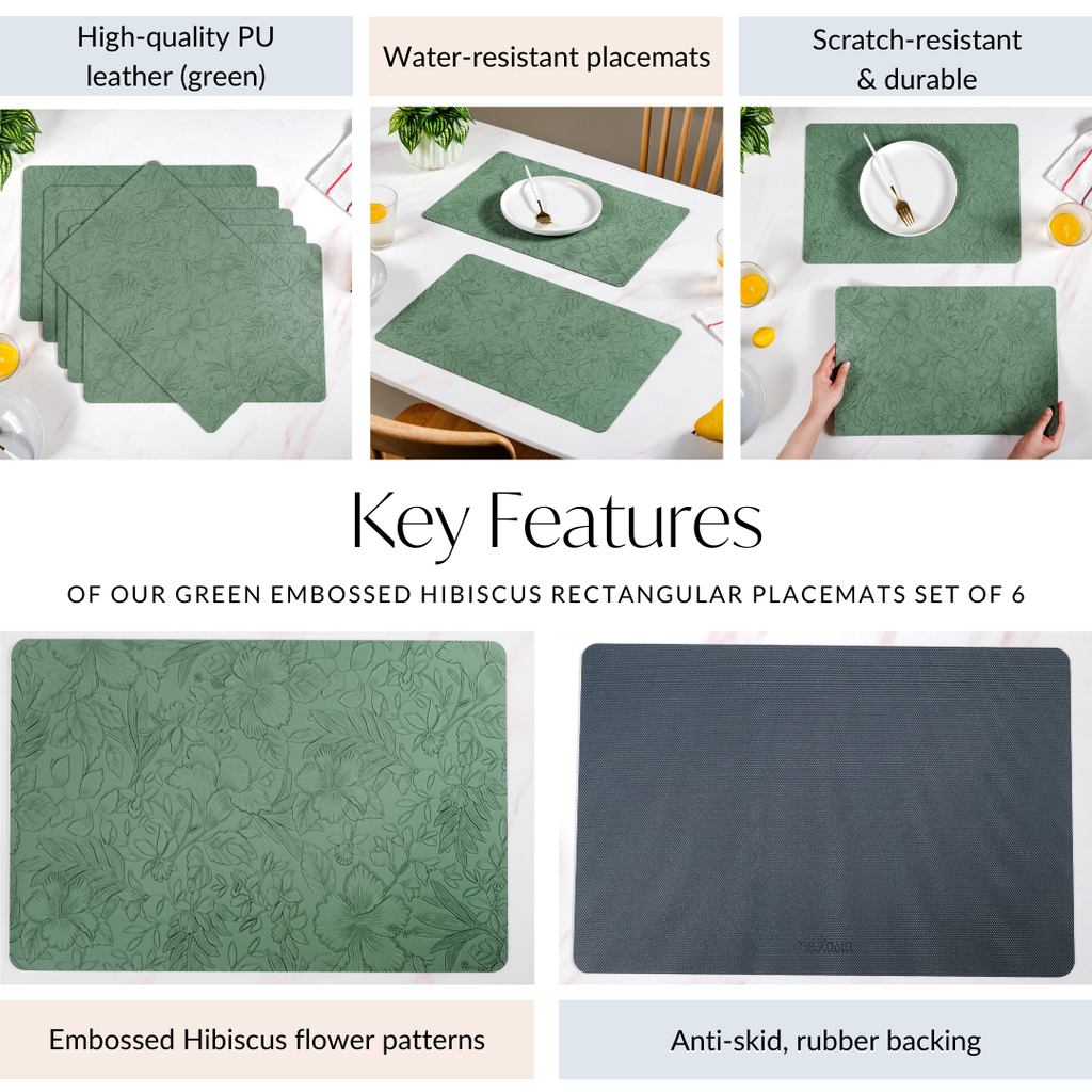 Green Embossed Hibiscus Rectangular Placemats Set Of 6 Nestasia