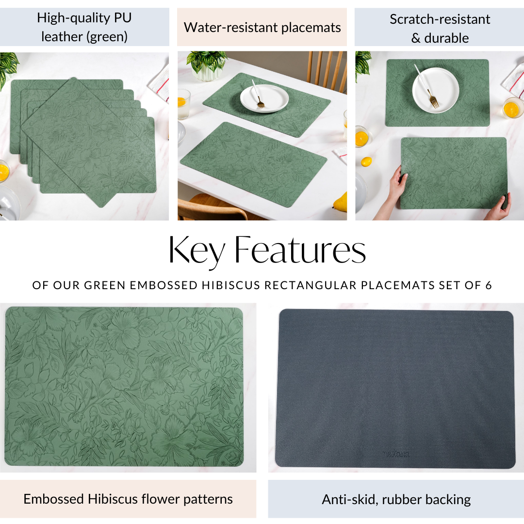 Green Embossed Hibiscus Rectangular Placemats Set Of 6 Nestasia