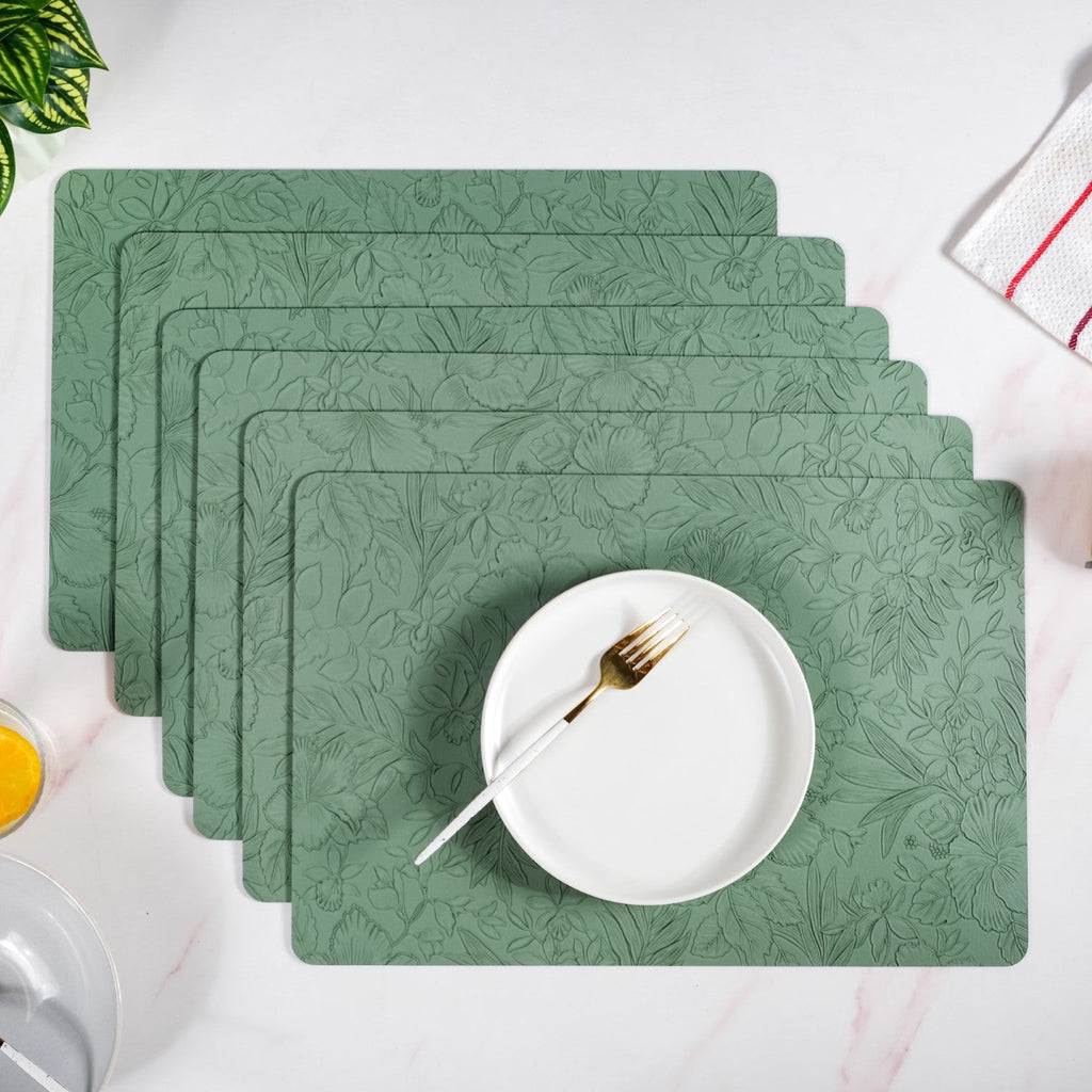 Green Embossed Hibiscus Rectangular Placemats Set Of 6 Nestasia