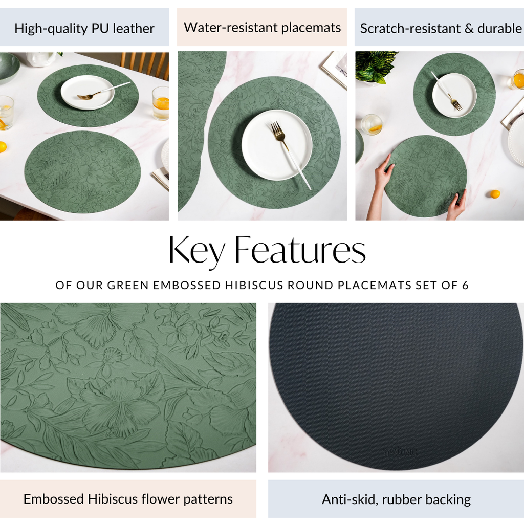 Green Embossed Hibiscus Round Placemats Set Of 6 Nestasia