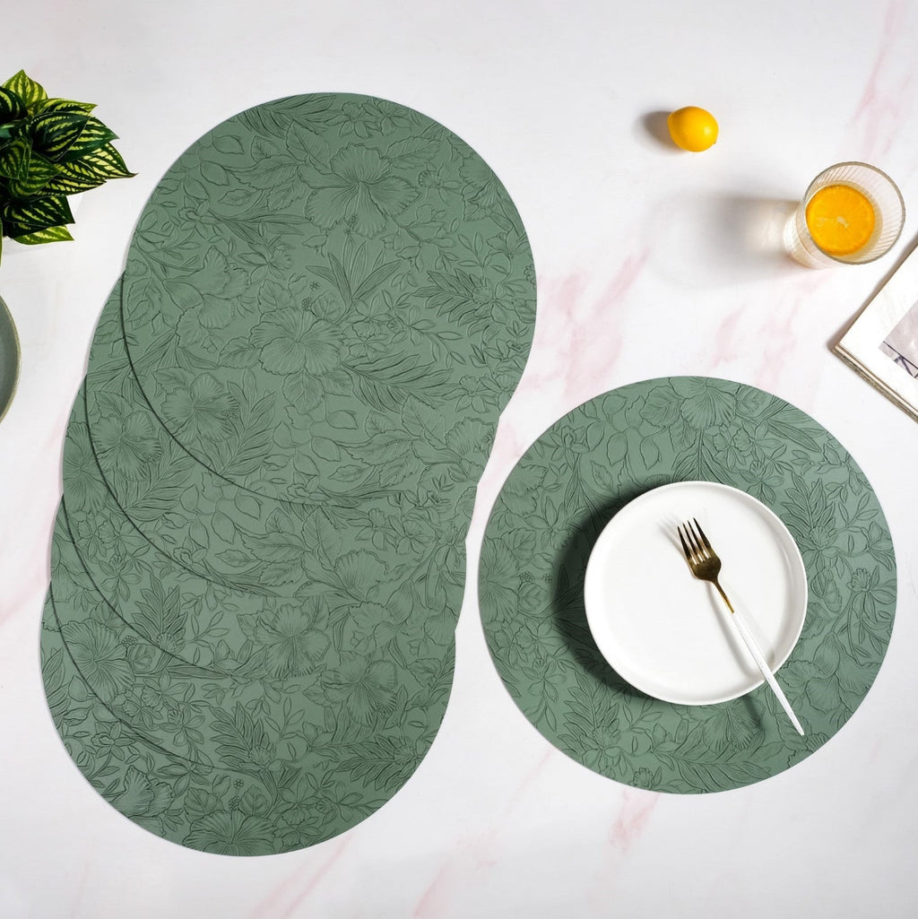 Green Embossed Hibiscus Round Placemats Set Of 6 Nestasia