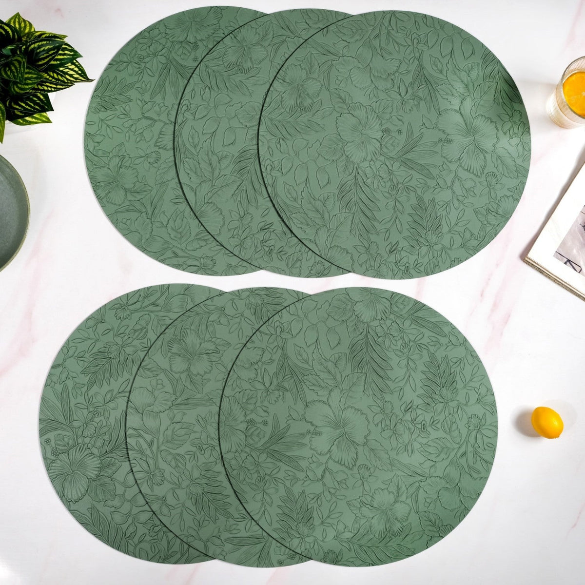 Green Embossed Hibiscus Round Placemats Set Of 6 Nestasia