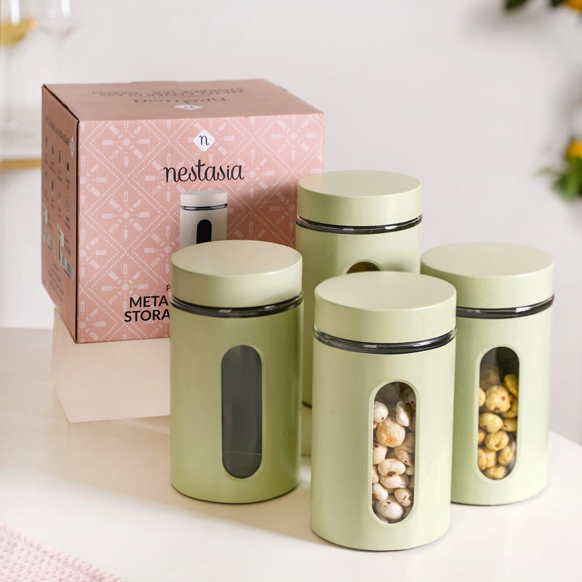 Winnie Green Glass Jar With Window Set Of 4 1000ml Nestasia