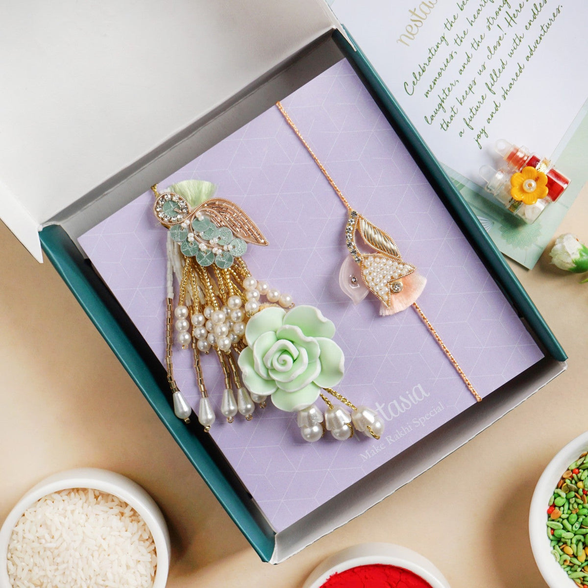 Green Pearl Rakhi And Lumba Set Nestasia