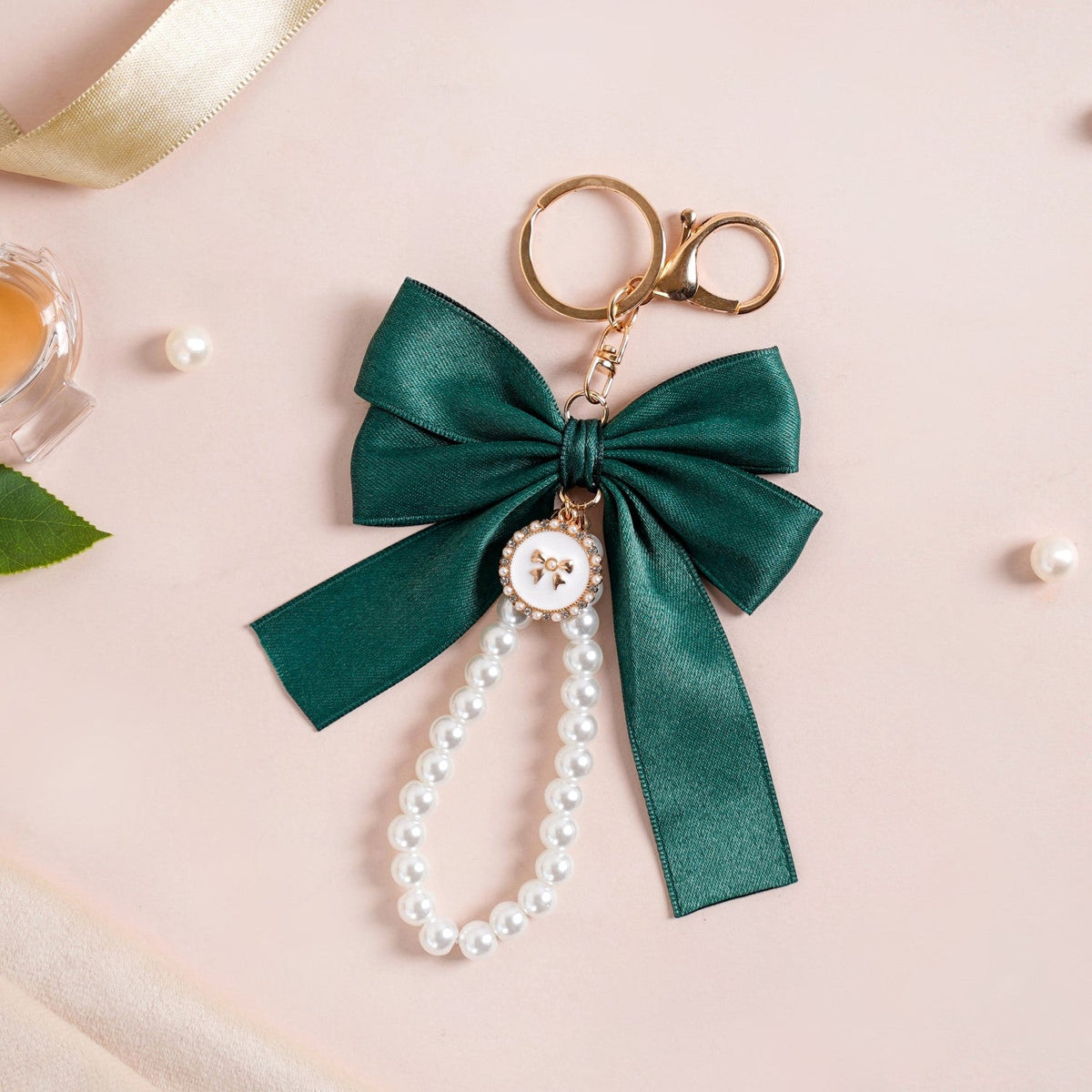 Green Satin Bow Keyring With Metal Hooks Nestasia