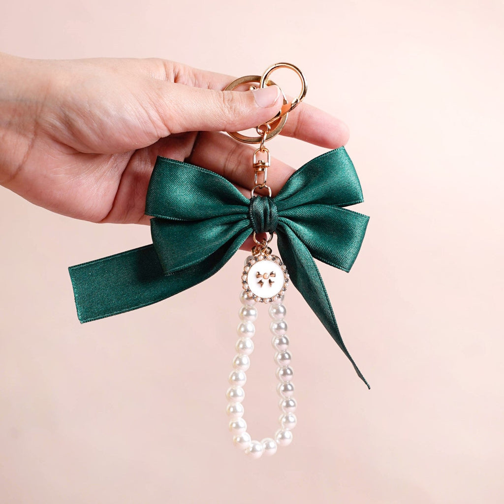 Green Satin Bow Keyring With Metal Hooks Nestasia