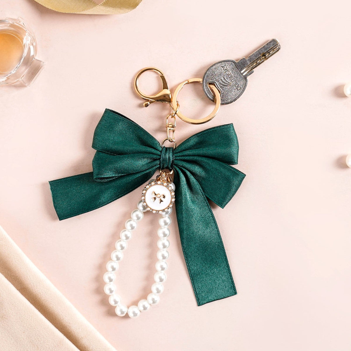 Green Satin Bow Keyring With Metal Hooks Nestasia