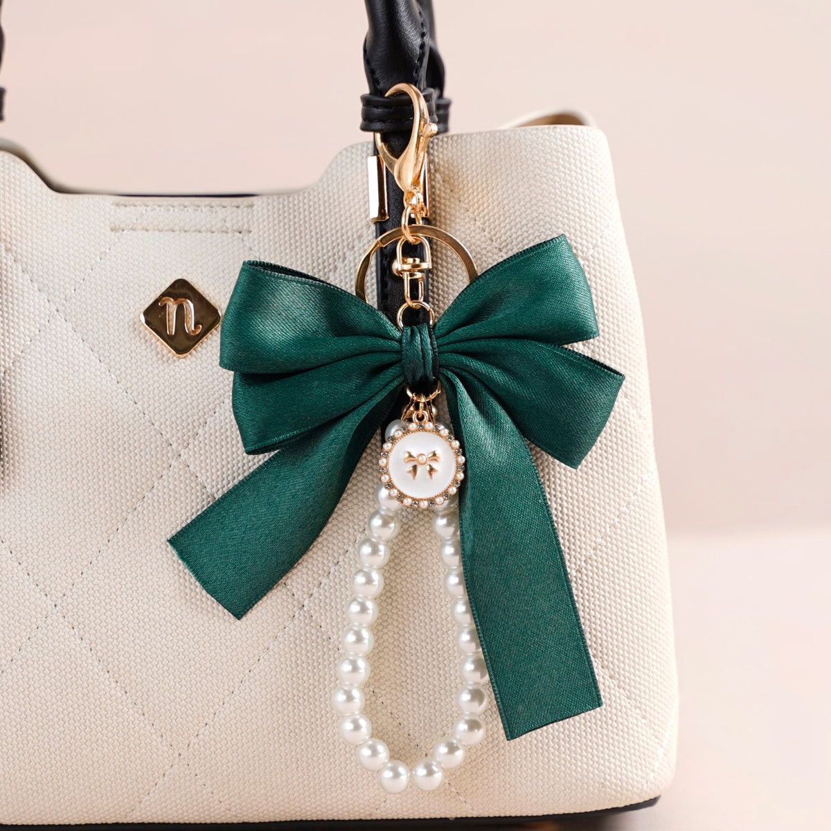 Green Satin Bow Keyring With Metal Hooks Nestasia